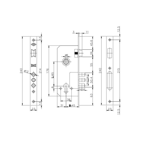 Корпус врезного замка с защёлкой 152/3MR (45 mm) w/b (никель)