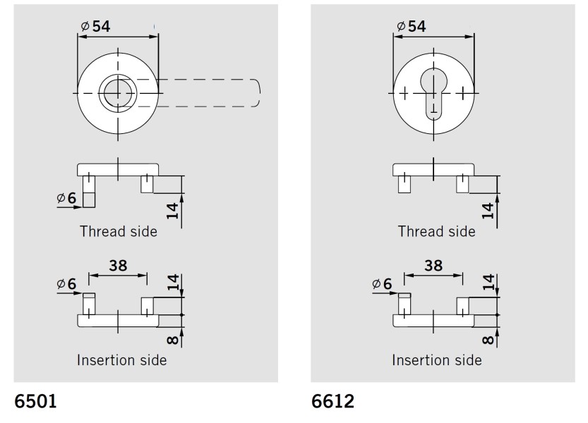 Комплект ручек dormakaba PURE 8906 / 6501 / 6612, 38–90 мм, 8 мм, нержавеющая сталь