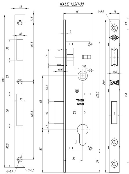 Корпус узкопрофильного замка с защёлкой 153/P (30 mm) w/b (хром)