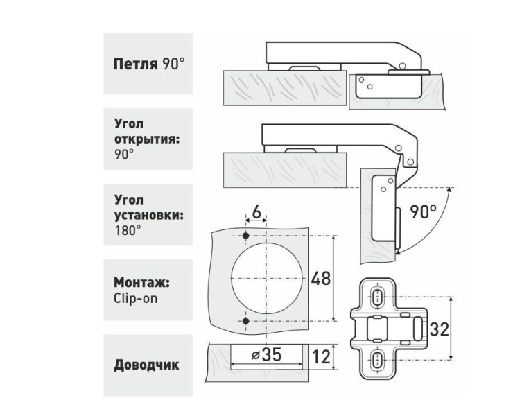 Soller Clip-on петля мебельная 90' с доводчиком (100,10!!!)
