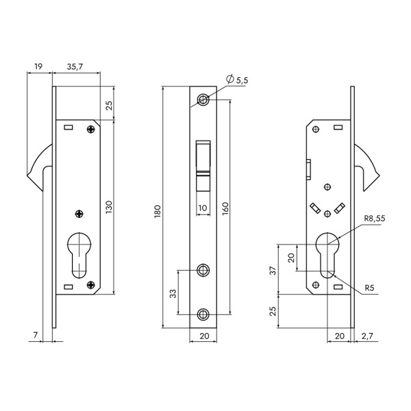 Корпус узкопрофильного замка METLR-201C (LR-201C) CP хром