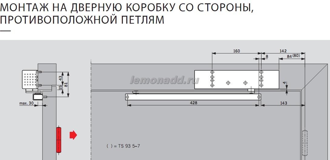 DORMA BTS 93 B монтаж с обратной стороны петель