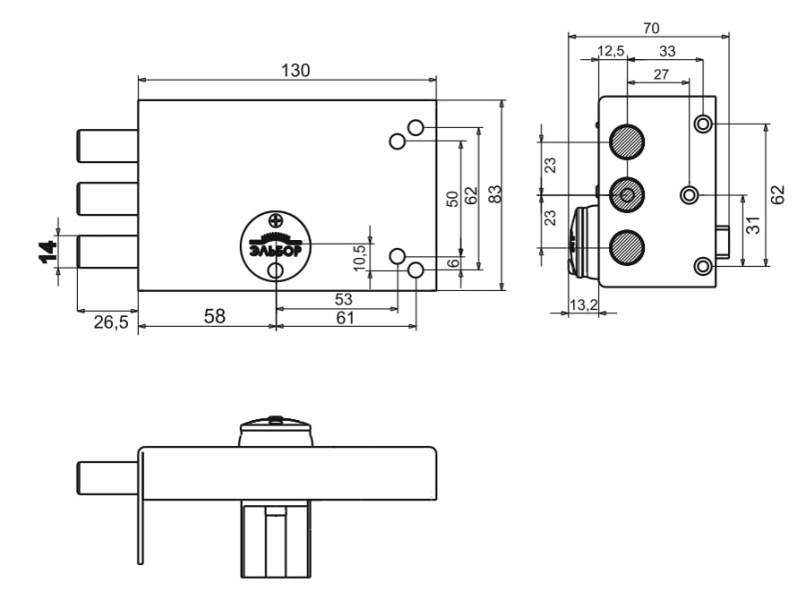 Замок накладной Лазурит 1.02.51.МА никель, сув., 3 риг., медный антик /39360/
