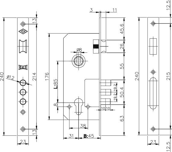 Корпус врезного замка с защёлкой 152/3MR (45 mm) w/b (латунь)
